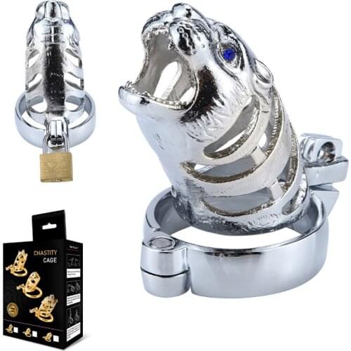 Stainless Steel Tiger Head Penis Chastity Cage Metal Cock Cage Hollow Chastity Lock For Men Adult Sex Toy BDSM Bondage Restraint