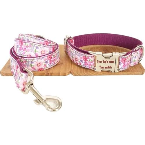 MUTTCO top quality handmade purple floral unique style pet collar dog leads chain rope pets products dogs collars leashes set