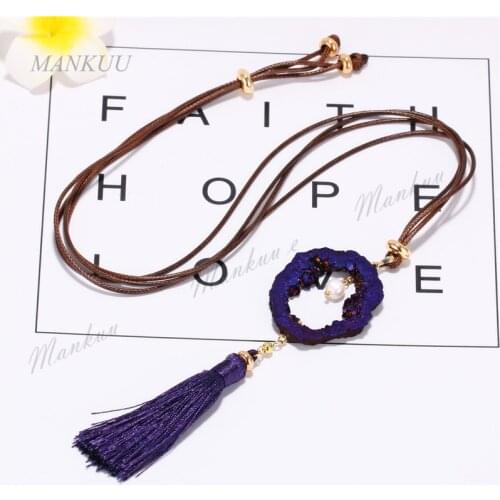 Valentine Titanium Druzy Geode Sweater Chain Necklace Pearls Tassel Pendant Long Leather Necklace Statement Women Charm Jewelry