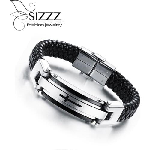 SIZZZ 22cm long 15mm wide Europe and the United States new listing of foreign trade platform cross leather bracelet for men