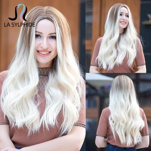 La Sylphide Synthetic Wig Root Light Brown Ombre Platinum Blonde Middle Part Wigs for Woman Daily Use Heat Resistant Hair Wigs