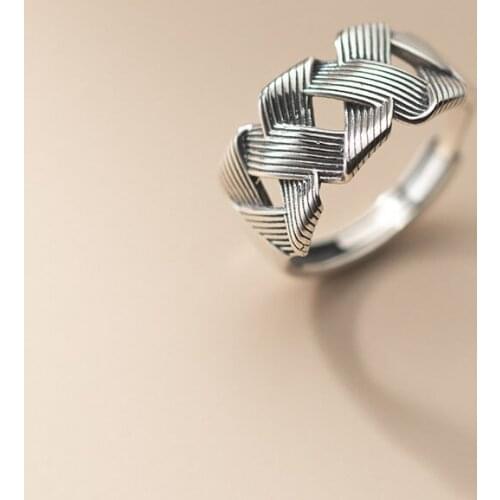 Authentic 925 Sterling Silver Rings for Women Adjustable Braided Hollow Vintage Jewelry Boho Chunky Female Gifts
