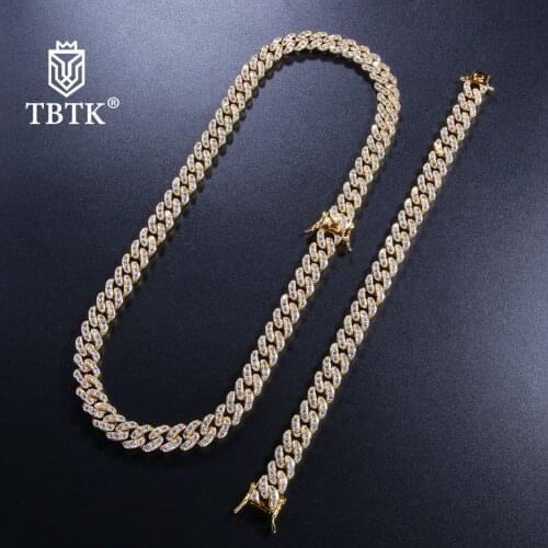 TBTK Trendy 9mm Gold Zirconia Stone Necklace Metal Iced Out Bracelet Set for Women Jewelry Sets Punk Accessories NE+BR