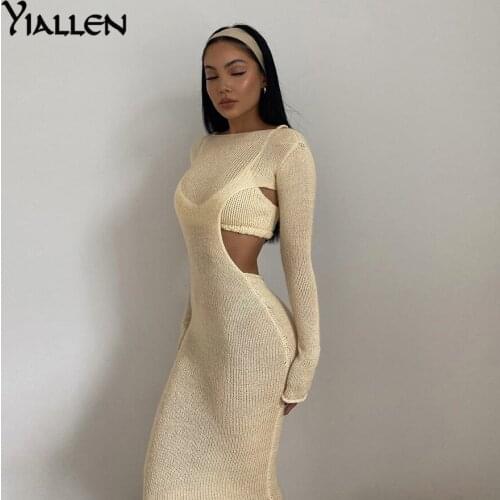 Yiallen Autumn New Knitted Two Piece Set Women Skirt Elegant Lined Sleeveless Camisole Top+Long Sleeve Backless Female Dress