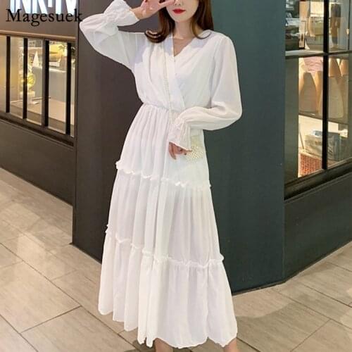 Korean Vintage Elegant White Chiffon Dress Women Spring New Print Womans dress Party High Waist Long Dresses Female Robes 13722