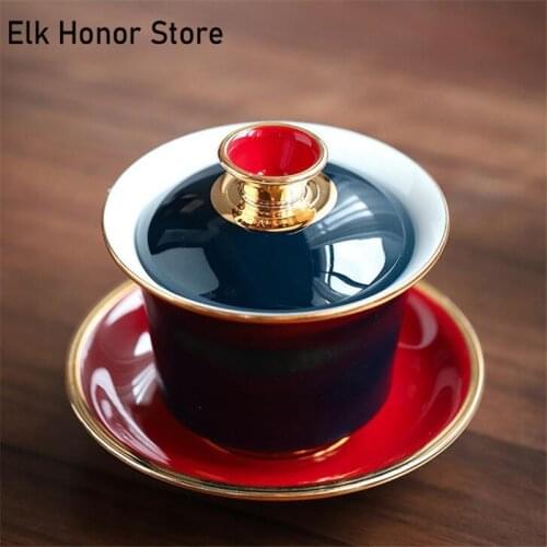 170ML Elegant Chinese Style Tea Bowl Drawing Gold Ceramic Sancai Gaiwan Hand Painted Sapphire Glaze Cover Bowl Tea Maker As Gift