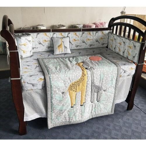 Promotion! 8pcs embroidered Baby Crib Bedding Set for Girls Cartoon Pink Cot Bedding,(4bumper+duvet+bed cover+bed skirt+pillow)