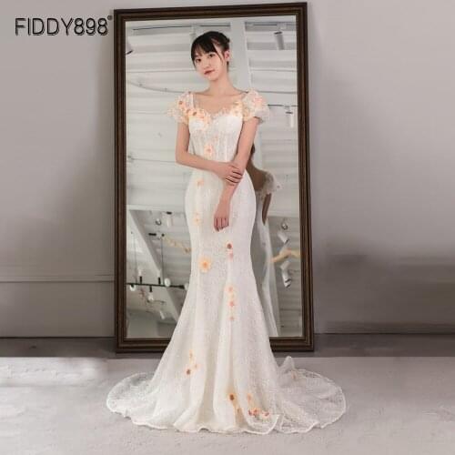 Bohemian Lace Mermaid Wedding Dress 2020 Elegant Square Collar 3D Flowers Cap Sleeves Wedding Gown Vestido De Noiva