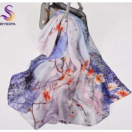 [BYSIFA] Female Ink Blue Chiffon Silk Scarves New Chinese Style 100% Silk Long Scarf Shawl Fall Winter Women Neck Scarf Hijab