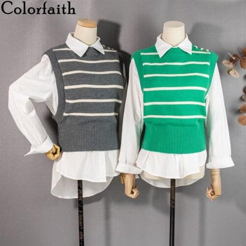Colorfaith 2021 New Spring Autumn Women Sweaters Pullovers Sleeveless Waistcoat Striped Elegant Wild Lady Short Vests SWV3082JX