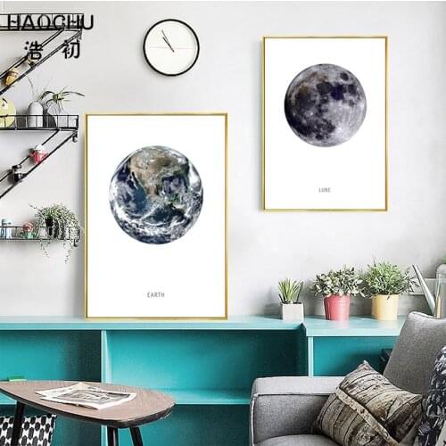HAOCHU Nordic Modern Minimalist Earth Moon Decoration Painting Abstract Starry Sky Canvas Painting Art Print Poster Wall Sticker