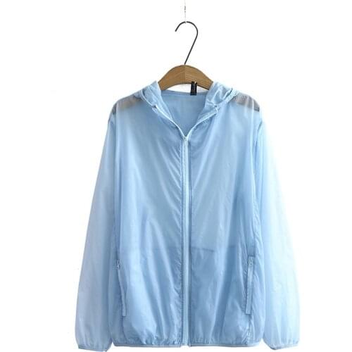 Plus Size White Blue XL-4XL Womens Hooded Sun Protection Jackets Long Sleeved Solid Casual Summer Outerwear