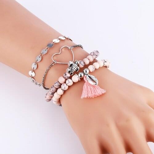 L&H 4PCS/Set Fashion Summer Women Bracelets Set Pink Short Tassel Pendant Bracelets Bangles Round Sequin Bracelets in Jewelry