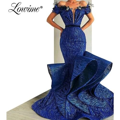 Muslim Off The Shoulder Arabic Feather Mermaid Formal Evening Party Dress Prom Gowns Robe De Soiree Kaftan Dubai Dresses 2020