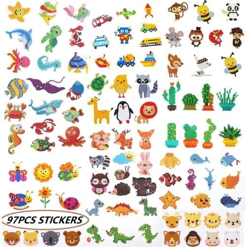 97 PCS Diamond Painting Stickers Kits for Kids & Adult Beginners Magic 5D Diamond Animals DIY Art Mosaic Stickers by Numbers