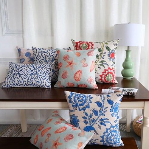 Wholesales Linen Pillow Cover Cushion Cover Mediterranean Style Seastar Blue Floral Home Decorative Pillow Case 45x45cm/30x50cm