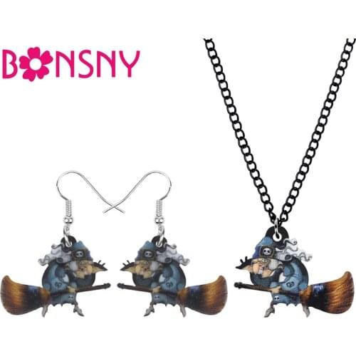 Bonsny Acrylic Halloween Broom Demon Witch Jewelry Set Necklace Earrings Decoration Accessory For Women Girl Teen Kid Charm Gift