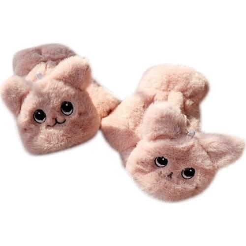 Women Student Thicken Plush Warm Half Finger Gloves Cute Cat Embroidery Convertible Flip Top Winter Fingerless Touch Screen