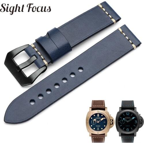 20mm 22mm 24mm 26mm Italian Calfskin Watchbands for Panerai Navy Blue Leather Strap Mens Watch Belts Sewn-in Tang Buckle Bands