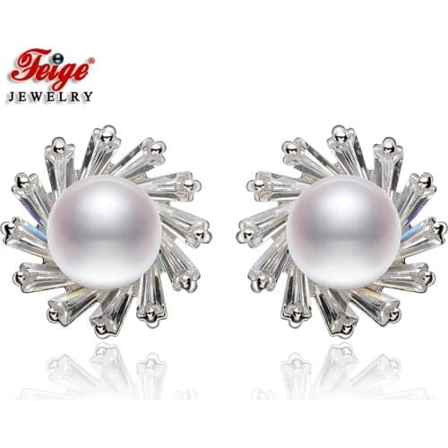 Luxury Cubic Zircon 925 Sterling Silver Natural Freshwater Pearl Stud Earrings Womens Wedding Jewelry Gifts Wholesale FEIGE