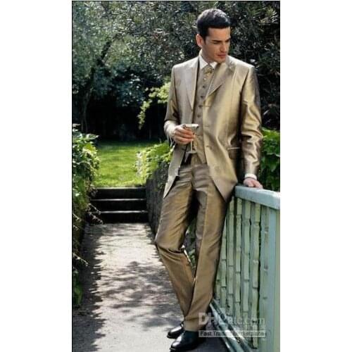 Three Buttons Gold Groom Tuxedos/Notch Lapel Best Man Groomsmen Men Wedding Suits Prom/Formals/Bridegroom Suit/wedding suits