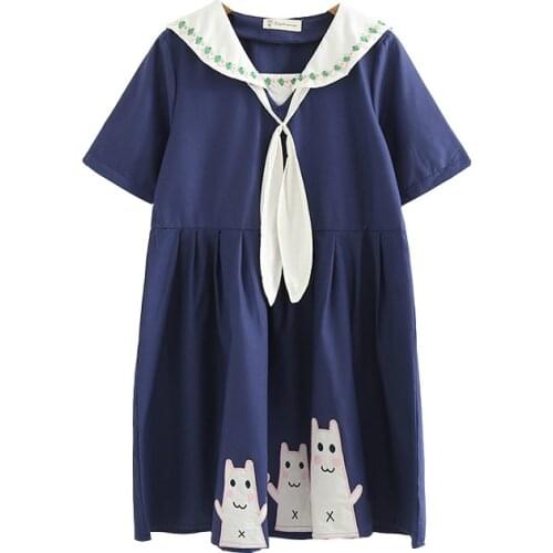 XUANHAO Summer New Womens Dress Preppy Style Cute Navy Collar College Wind Embroidery Dress Girls Sweet Tie Navy Vestidos