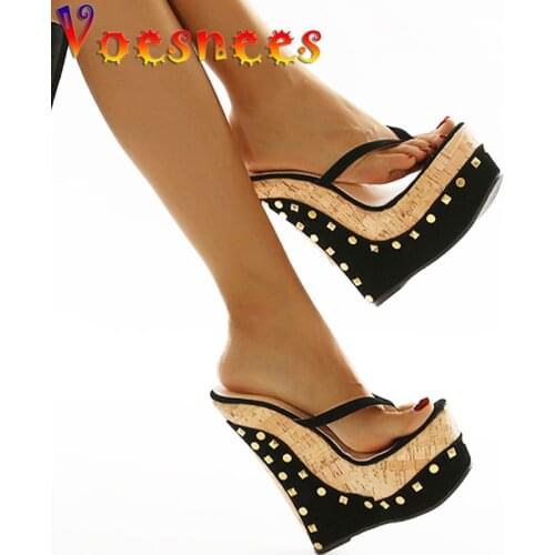 Mixed Colors Women Shoes Wood Grain Rivet Walk Show Slides Peep Toe Pole Dancing Flip Flops Wedges High Heels Sexy Party Sandals