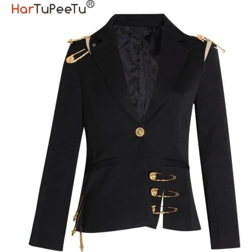 Spring Autumn Office Ladies Black Blazer Coat Formal Bussiness Outwear Big Pin Decorate Split Slim Fit Patchwork Mesh Shoulder