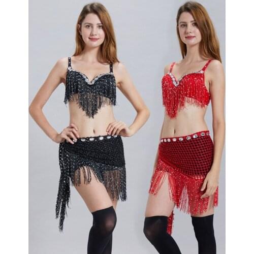 2-Pieces Belly Women Dance Costume Bra Hip Scarf Suit Sequins Tassel Sexy Belly Dance Performance Outfits Aldult Pretty 6 Color