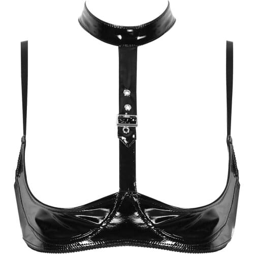Womens Lingerie Open Cups Bras Wet Look Patent Leather Halter Neck Adjustable Spaghetti Shoulder Straps Wire-free Shelf Bra Top