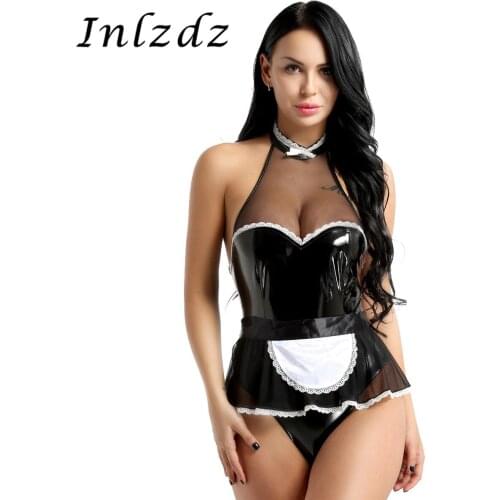 Womens Lingerie Sexy Maid Servant Sex Cosplay Costume Roleplay Outfit Wet Look Patent Leather Halter Bodysuit Halloween Costume
