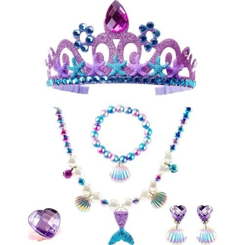 Girls Sea theme Party Mermaid Crystal Crown Shell Necklace Bracelet Errings Ring Princess Cosplay Jewelry Dress Up Accessories