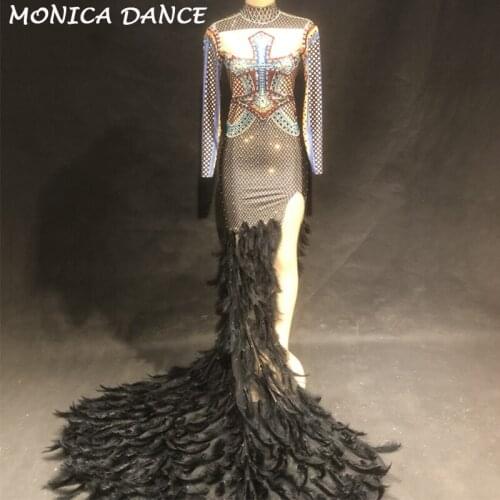 Women Sexy Stage Long Sleeve Cross DJ Dress Black Feather Tail Big Colorful Sprakling Crystals Nightclub Party Dancer Stage Wear