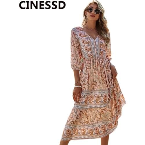 CINESSD Women V Neck High Waist Bohemian Print Dress Flare Half Sleeves Splicing Shirring A Line Button Beach Boho Midi Dresses