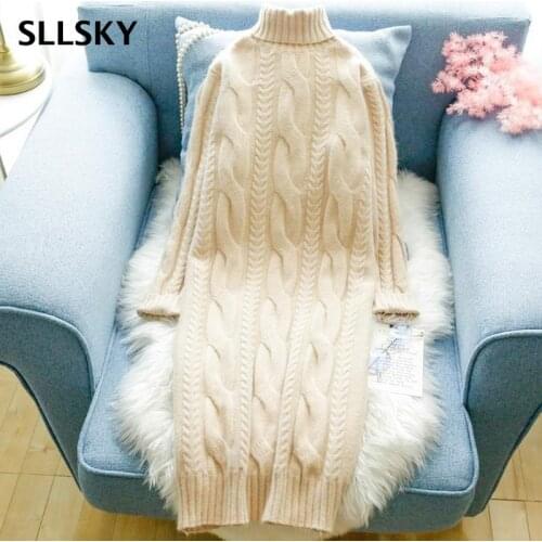 SLLSKY Knitted Turtleneck Women Dress 2021 Autumn Winter Twist Strench Pullover Dress Female Long Sleeve Knee-Length Dress