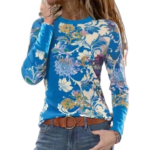 2021 Hot Women T-shirt Floral Print O-Neck Long Sleeve Basic T-shirt Slim Clothing T Shirt Spring Summer Women T-shirt