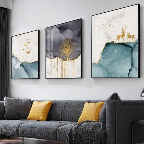 Abstract Light Luxury Golden Flying Bird Elk Tree Triptych Decorative Painting Porch Living Room Background Wall Art Pictures