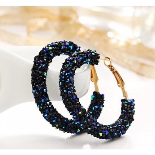 Shiny Crystal Geometric Round Hoop Earrings For Women Black Blue White Rhinestone Big Circle Earrings Hoops Wedding Jewelry Gift