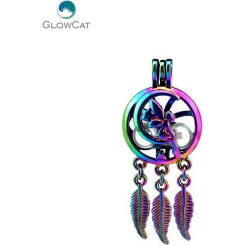 C761 5pcs/lot Rainbow Color Dream Catcher flower pretty woman Moon Cage Pendant Pearl Locket Fairytale Party