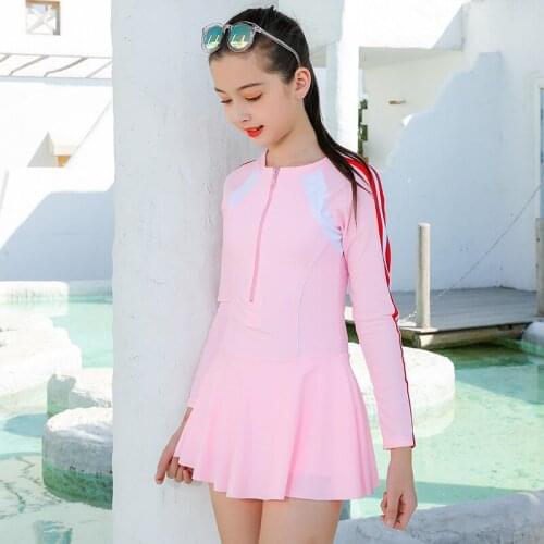 Girls Kids Long Sleeve Swimwear Sun Protection One-piece Swimsuit Skirt Baby High Elastic Quick Dry Children Sports Beachwear