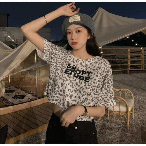 Vintage Leopard Print Tshirt Womens T-shirts Tops Japanese Kawaii Ladies Ulzzang Female Korean Harajuku Clothes For Women