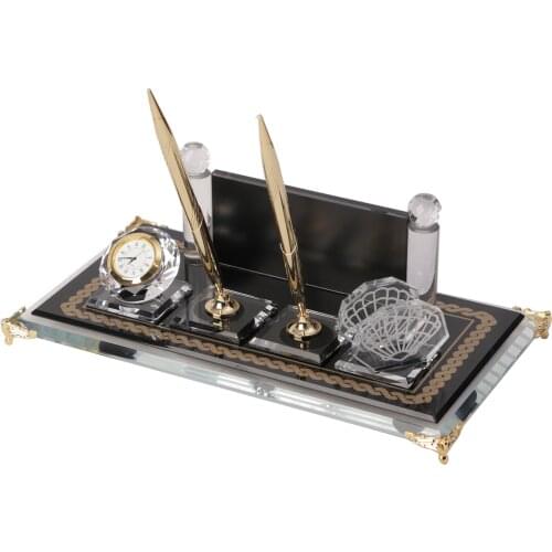 Ad Store Crystal Table Name Black Glass Metal Engraved Yellow Colour Pencil Clock Bussiness Card Area Made in Turkey