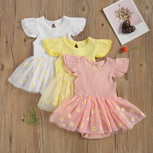 Newborn Baby Girls Romper Dress Daisy Print Flying Sleeve Jumpsuit for Birthday Party Photography