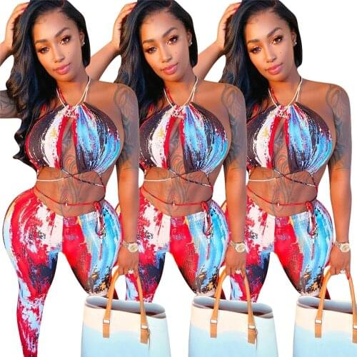 Summer Clothes Womens Sexy Tie Dye Halter Neck Strap Print Two Piece Suit Casual Street Wear Pants Sets Wholesale Dropshipping