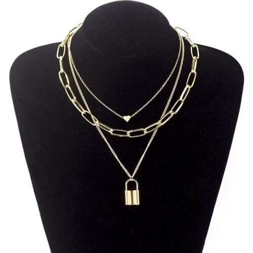 Multilayer Heart Lock Chain Necklace Grunge Punk 90s Link Chain Silver Color Padlock Pendant Necklace Women Aesthetic Jewelry