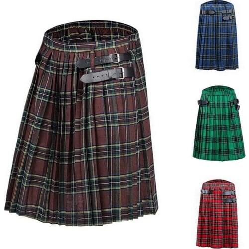 Mens Kilt Traditional Plaid Belt Pleated Bilateral Chain Brown Gothic Punk Scottish Tartan Trousers Skirts