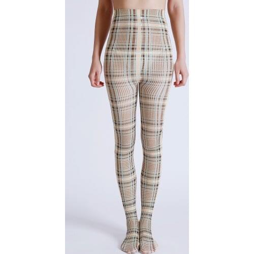 New Arrival Luxury Sexy Big Grid Pattern Digital Print Tights Womens Yellow Pantyhose Ladies Thick Soft Stockings