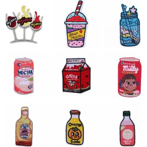 Pulaqi Summer Drink Embroidery Patch Iron-On Stickers For Clothes Diy Cartoon Striped Badge For Jackets Patches Children Patch