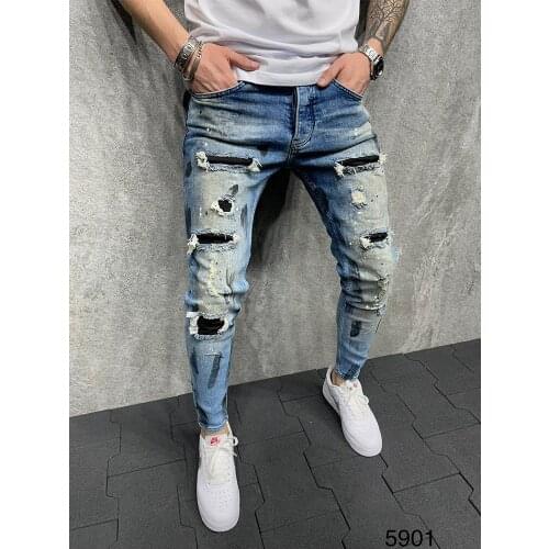 Pop Mens Slim-Fit Ripped Jeans Painted Jeans man Patch Beggar pencil Pants Streetwear Hip Hop denim Jogging trousers Size S-3XL