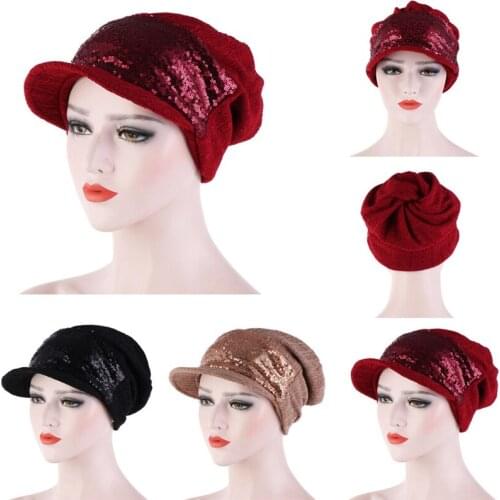 Sequins Beanies Hat Female Autumn Winter Womens Cotton Baseball Hats Ponytail Vintage Warm Turban Cap Baseball Hat Visors Caps